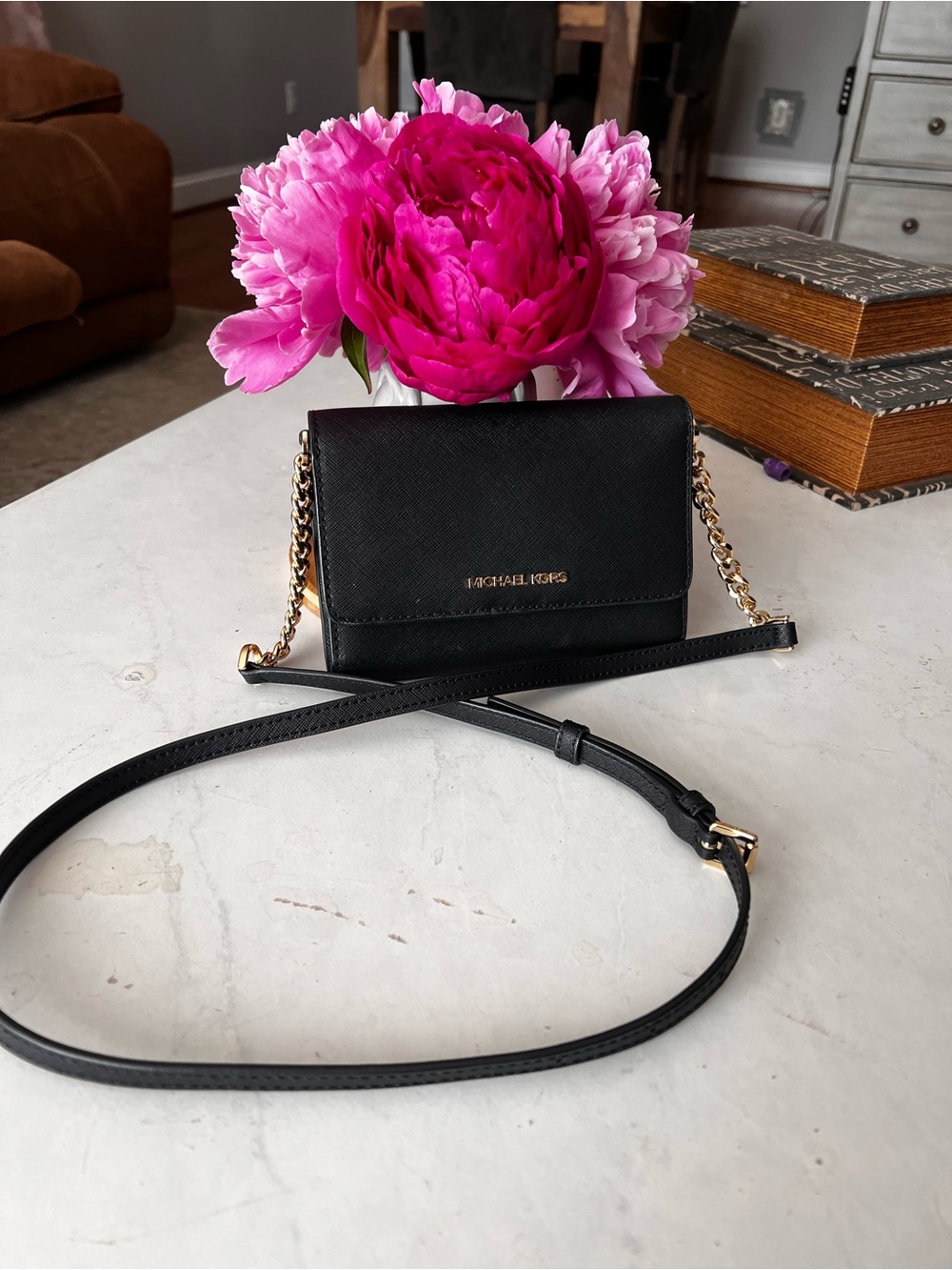 Michael Kors Black Leather Crossbody with Gold Chain Strap